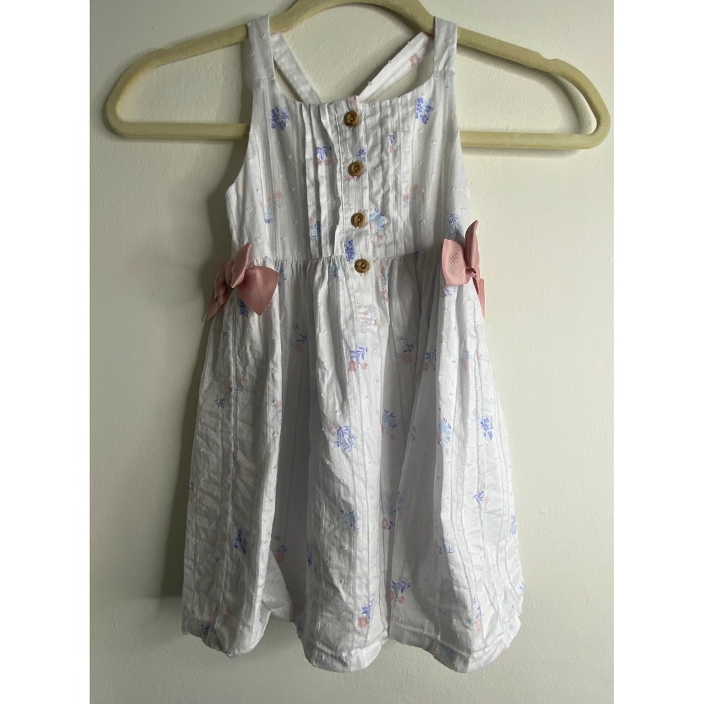 Girls White Floral Dobby Stripe Sun Dress with Pink Bows and Pintucks Sleeveless
